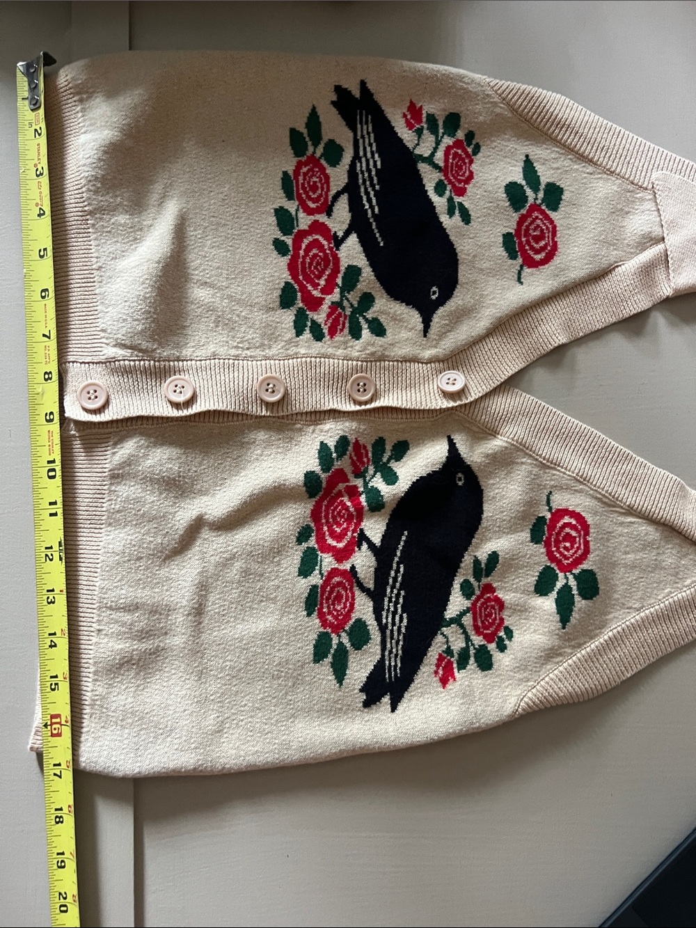 OxKnit Vintage-Inspired Cream Knit Button-Up Sweater Vest with Rose & Bird Motif - Picture 5 of 6